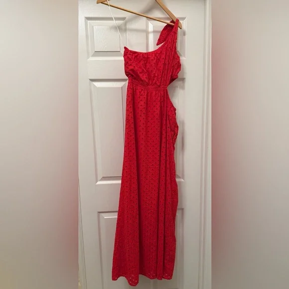 Show Me Your MuMu One Shoulder Strapless Red Eyelet Dress Size Medium Boho